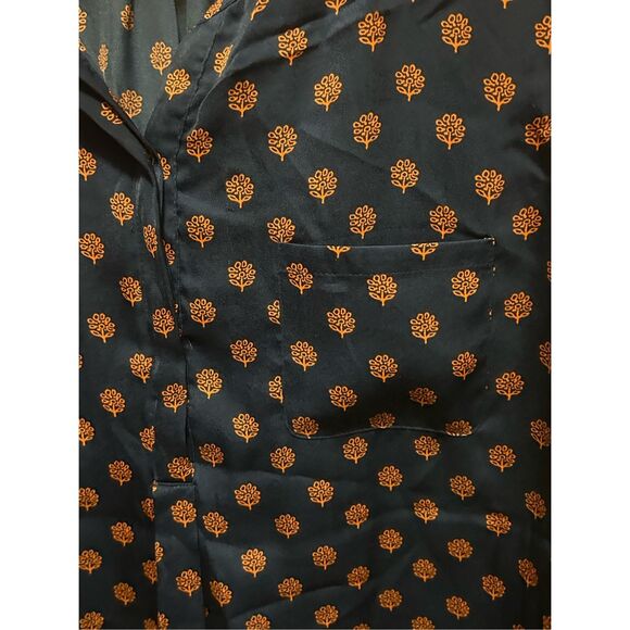 Liz Claiborne Blouse Top Medium Navy Blue Orange‎ Floral Cap Sleeve Pocket - Picture 4 of 5
